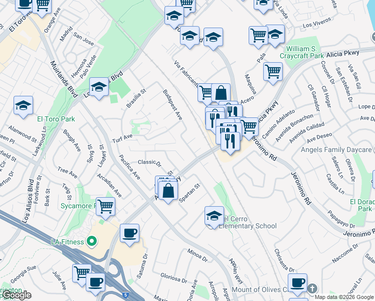 map of restaurants, bars, coffee shops, grocery stores, and more near 25656 Po Avenue in Mission Viejo