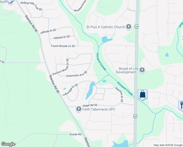 map of restaurants, bars, coffee shops, grocery stores, and more near 710 Deering Road Southeast in Conyers