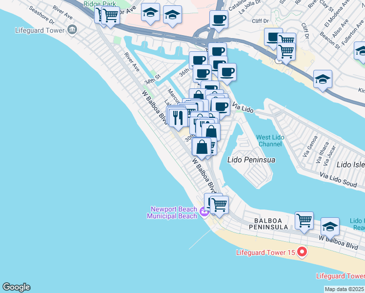 map of restaurants, bars, coffee shops, grocery stores, and more near 126 30th Street in Newport Beach