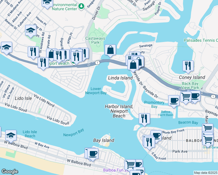 map of restaurants, bars, coffee shops, grocery stores, and more near 47 Linda Isle in Newport Beach