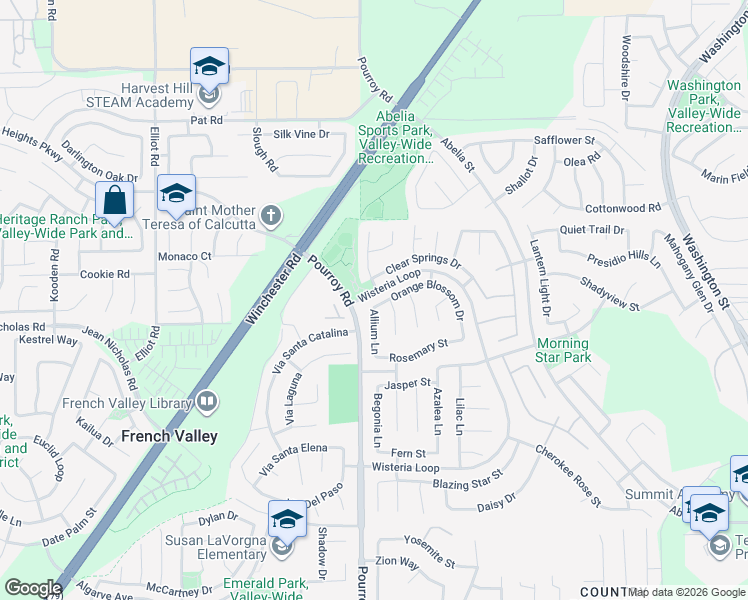 map of restaurants, bars, coffee shops, grocery stores, and more near 32016 Orange Blossom Drive in Winchester