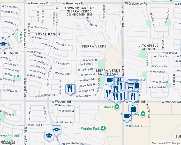 map of restaurants, bars, coffee shops, grocery stores, and more near 14158 W Crocus Dr in Surprise