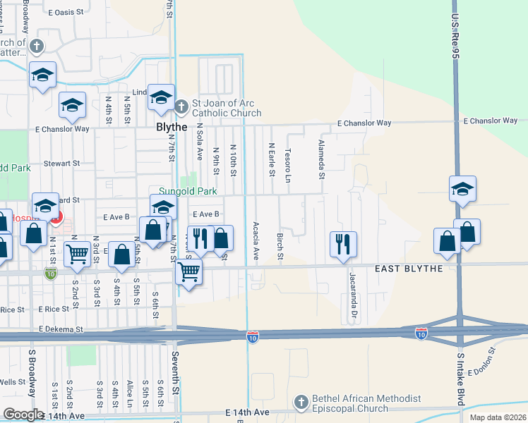 map of restaurants, bars, coffee shops, grocery stores, and more near in Blythe