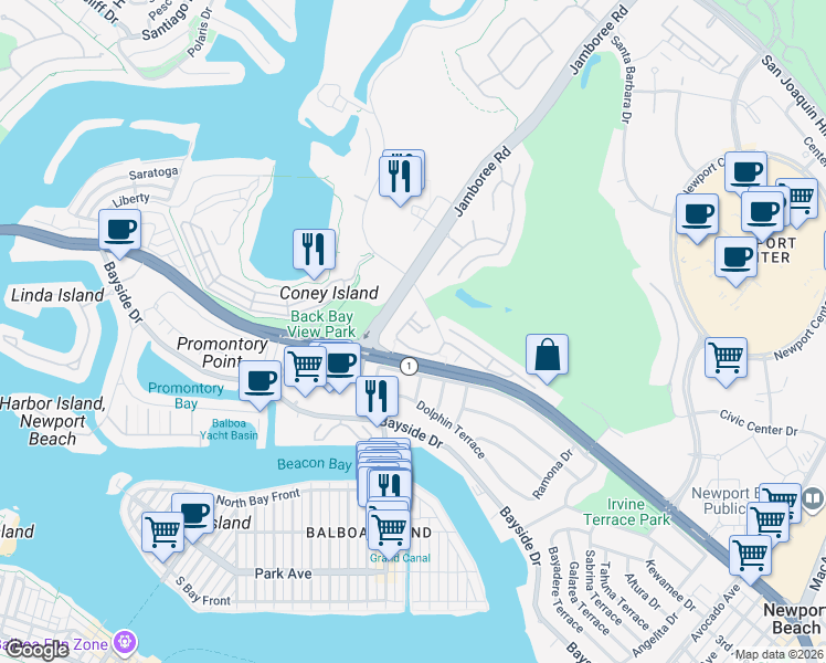 map of restaurants, bars, coffee shops, grocery stores, and more near 26 Villa Point Drive in Newport Beach