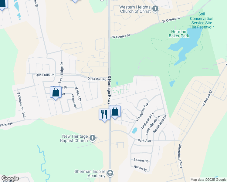 map of restaurants, bars, coffee shops, grocery stores, and more near 1454 South Heritage Parkway in Sherman