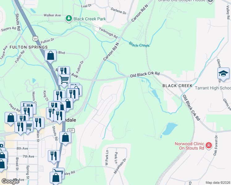 map of restaurants, bars, coffee shops, grocery stores, and more near 3702 Grand Central Avenue in Fultondale