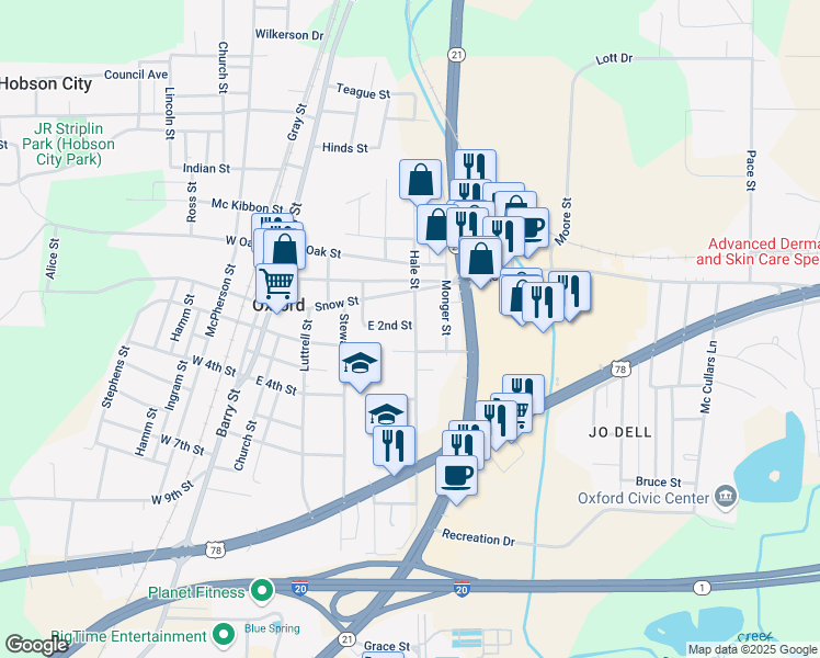map of restaurants, bars, coffee shops, grocery stores, and more near 700 Hale Street in Oxford