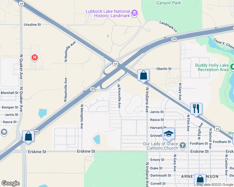 map of restaurants, bars, coffee shops, grocery stores, and more near 3605 Marshall Street in Lubbock
