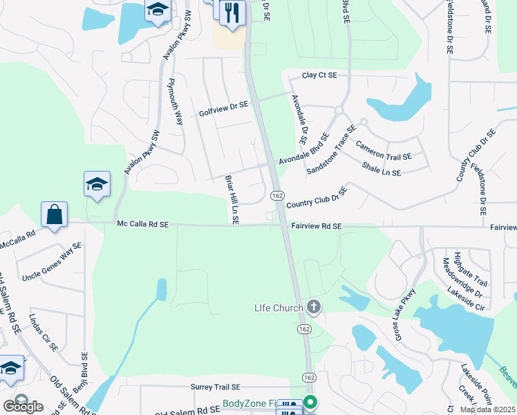 map of restaurants, bars, coffee shops, grocery stores, and more near 2131 Hickory Bend Southeast in Conyers