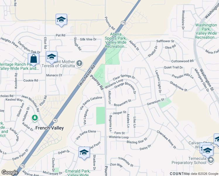 map of restaurants, bars, coffee shops, grocery stores, and more near 32016 Orange Blossom Drive in Winchester