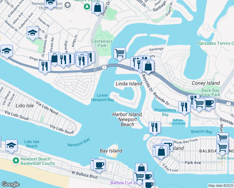 map of restaurants, bars, coffee shops, grocery stores, and more near 47 Linda Isle in Newport Beach