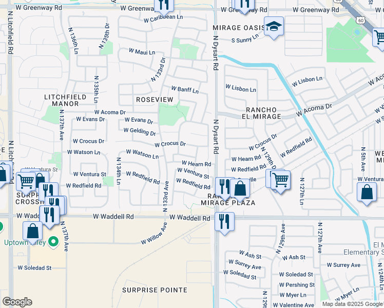 map of restaurants, bars, coffee shops, grocery stores, and more near 13198 West Watson Lane in Surprise