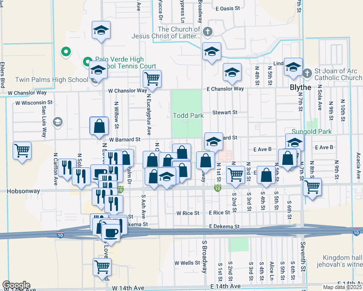 map of restaurants, bars, coffee shops, grocery stores, and more near 271 North Spring Street in Blythe