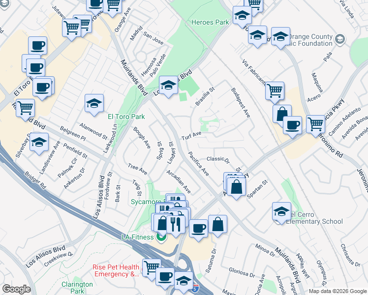 map of restaurants, bars, coffee shops, grocery stores, and more near 25252 Pacifica Avenue in Mission Viejo