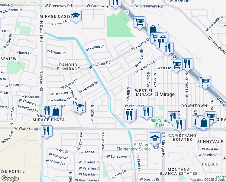 map of restaurants, bars, coffee shops, grocery stores, and more near 12533 West Santa Fe Lane in El Mirage