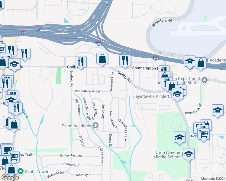 map of restaurants, bars, coffee shops, grocery stores, and more near 5198 Norman Boulevard in Atlanta