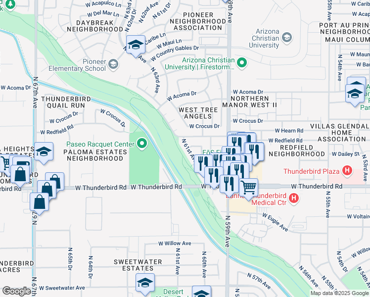 map of restaurants, bars, coffee shops, grocery stores, and more near 14046 North 61st Avenue in Glendale