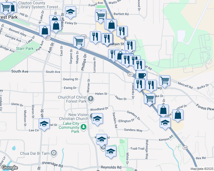 map of restaurants, bars, coffee shops, grocery stores, and more near 5165 Woodland Drive in Forest Park