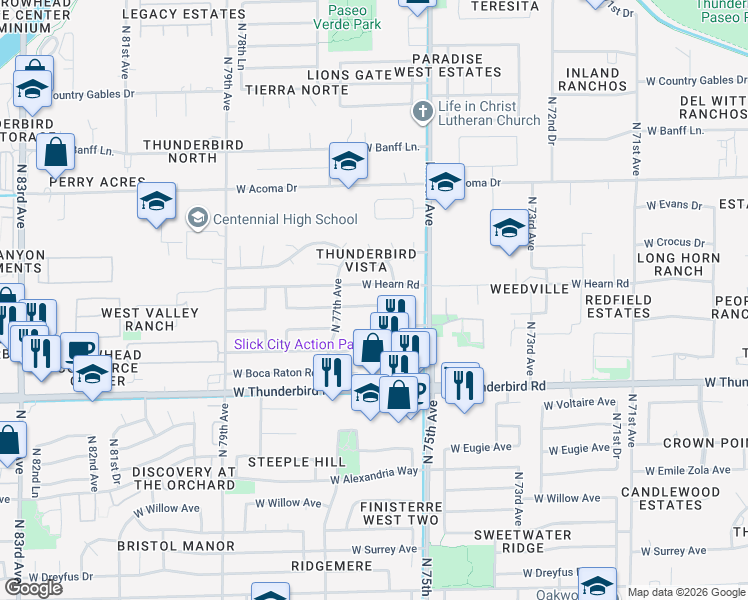 map of restaurants, bars, coffee shops, grocery stores, and more near 7616 West Redfield Road in Peoria