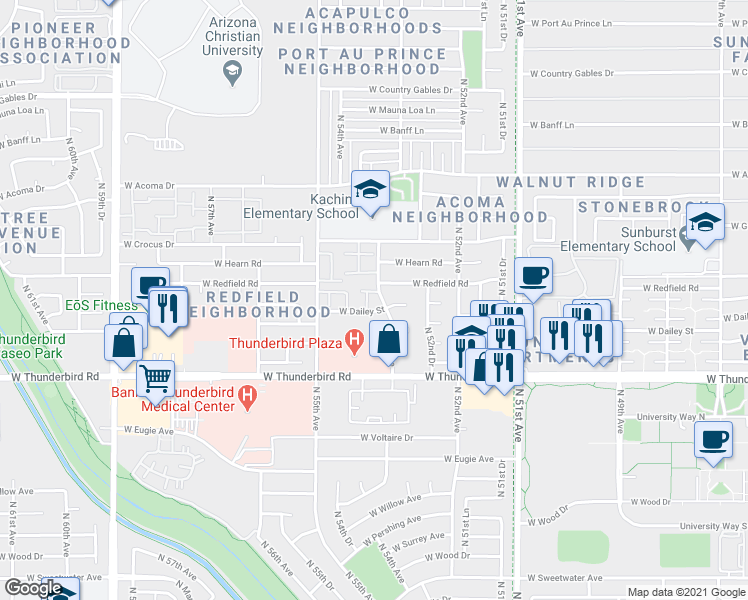 map of restaurants, bars, coffee shops, grocery stores, and more near 14013 North 53rd Drive in Glendale