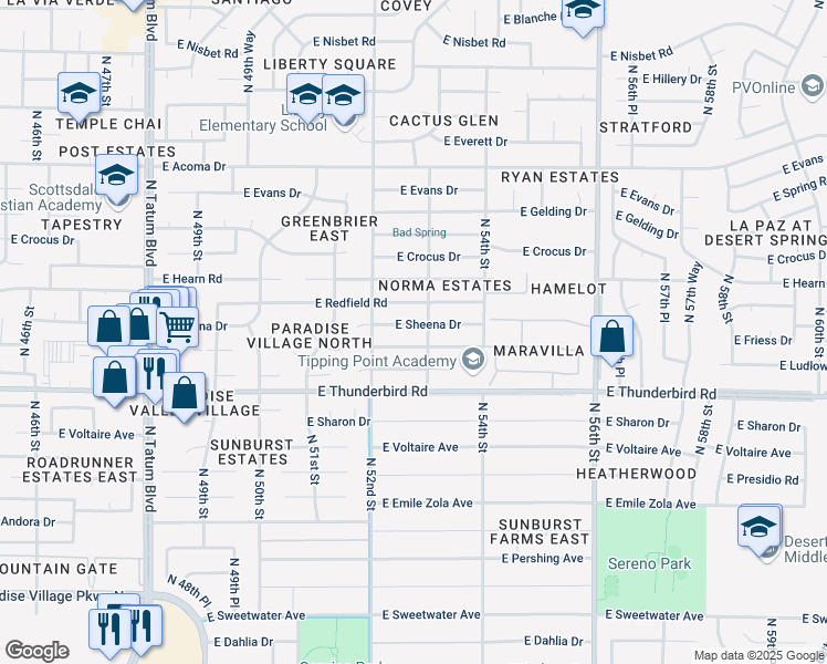 map of restaurants, bars, coffee shops, grocery stores, and more near 5233 East Sheena Drive in Scottsdale