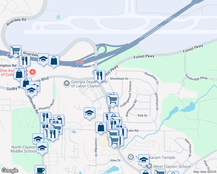 map of restaurants, bars, coffee shops, grocery stores, and more near 5181 Heather Lane in Atlanta
