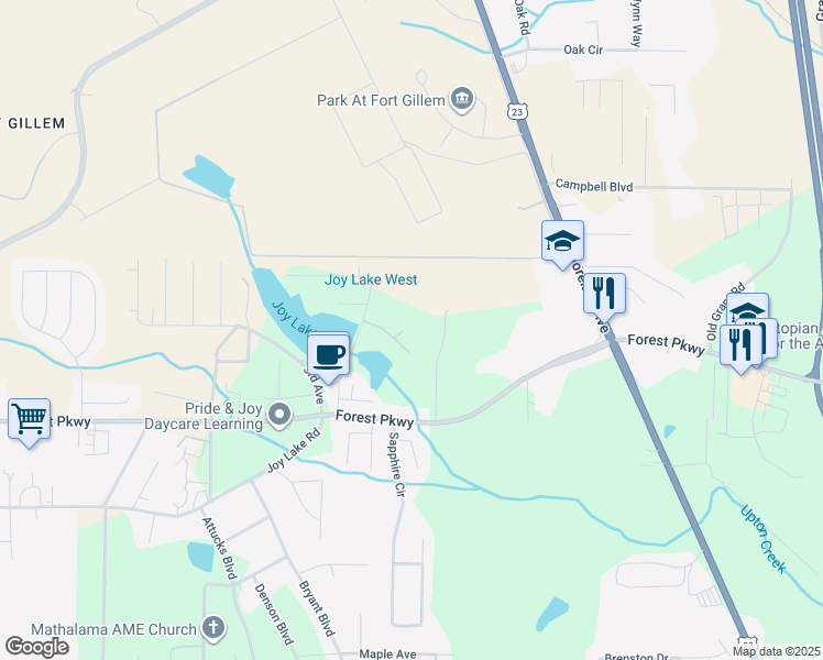 map of restaurants, bars, coffee shops, grocery stores, and more near 5176 Howell Court in Ellenwood