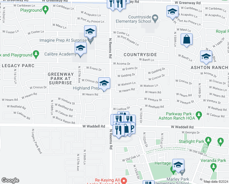 map of restaurants, bars, coffee shops, grocery stores, and more near 14246 North 154th Lane in Surprise