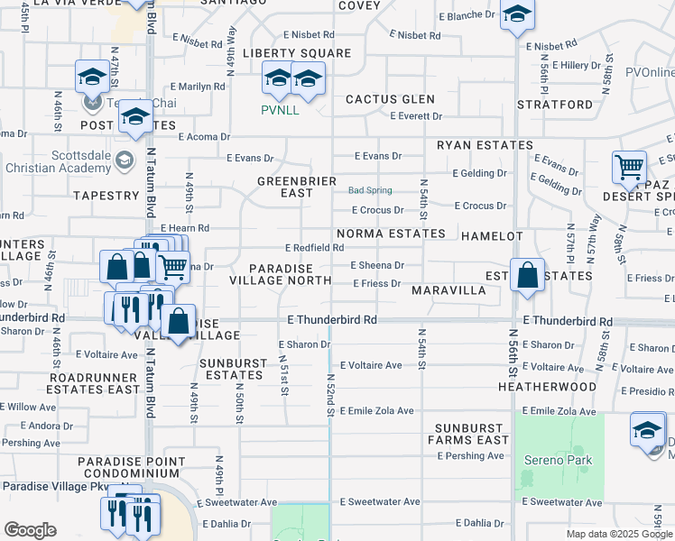 map of restaurants, bars, coffee shops, grocery stores, and more near 5201 East Sheena Drive in Scottsdale
