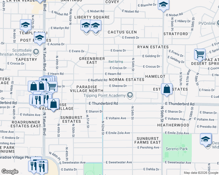 map of restaurants, bars, coffee shops, grocery stores, and more near 5201 East Sheena Drive in Scottsdale