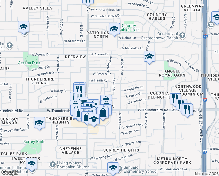 map of restaurants, bars, coffee shops, grocery stores, and more near 3401 North 34th Avenue in Phoenix