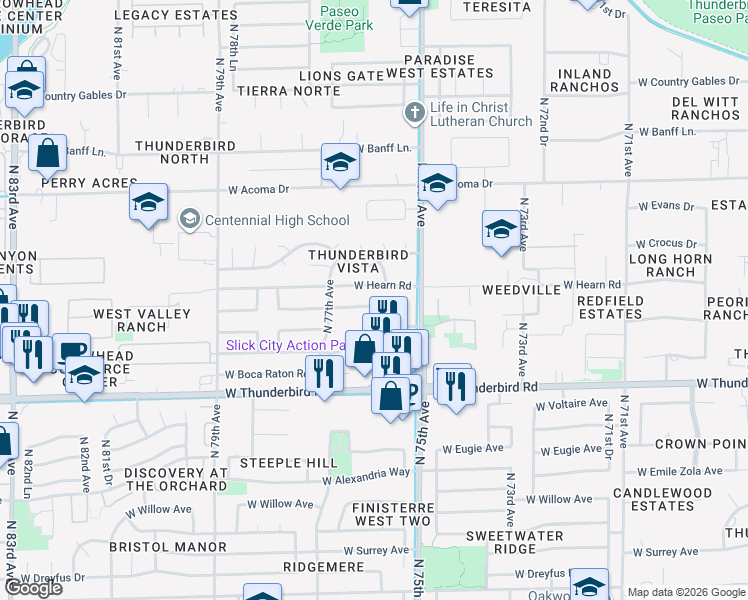 map of restaurants, bars, coffee shops, grocery stores, and more near 7616 West Redfield Road in Peoria