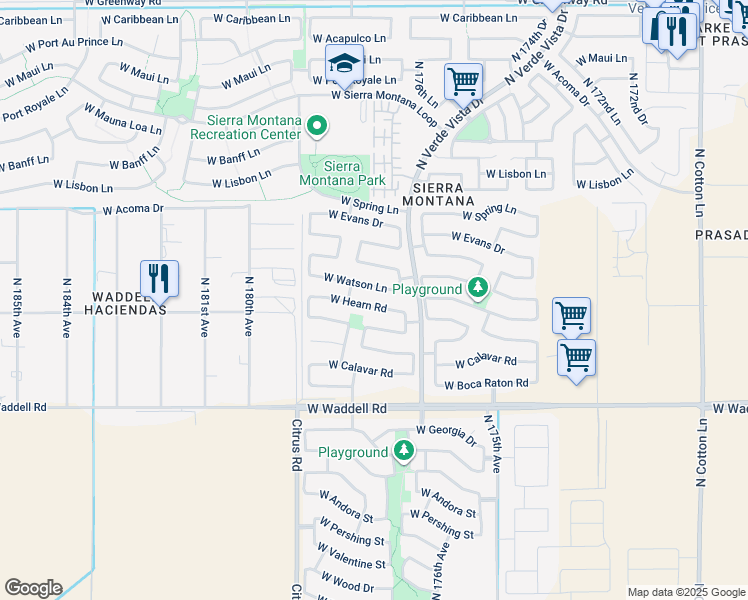 map of restaurants, bars, coffee shops, grocery stores, and more near 17786 West Hearn Road in Surprise
