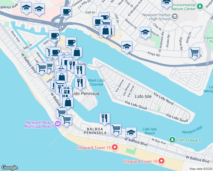 map of restaurants, bars, coffee shops, grocery stores, and more near 323 Via Lido Soud in Newport Beach