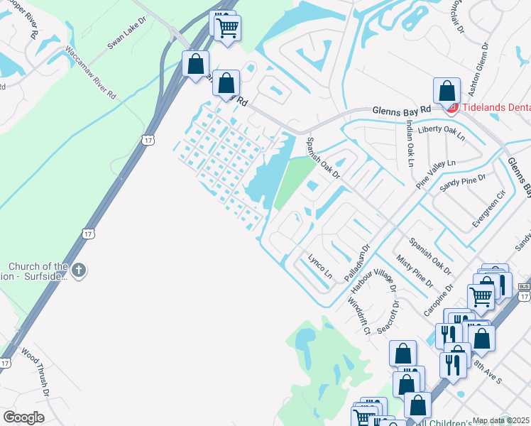 map of restaurants, bars, coffee shops, grocery stores, and more near 2150 Clearwater Drive in Surfside Beach