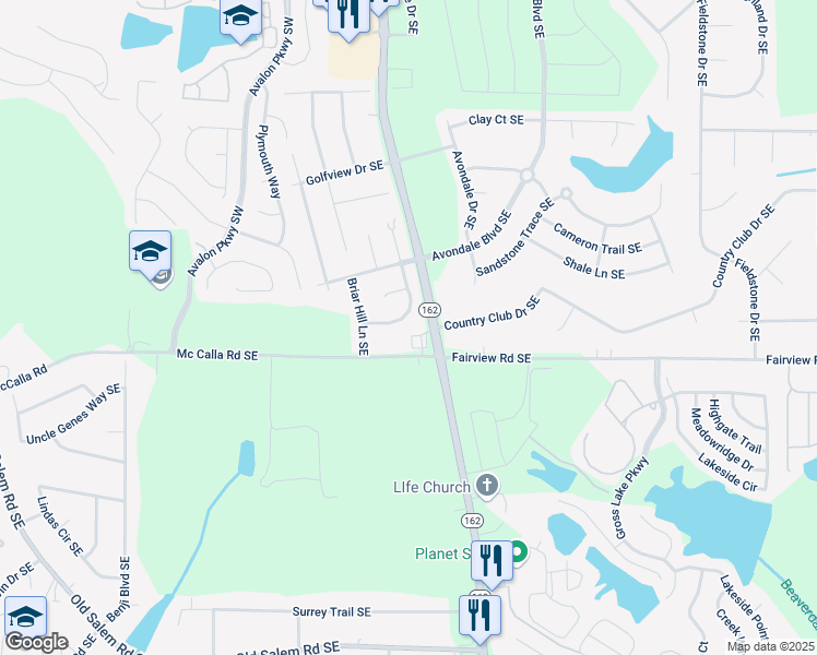 map of restaurants, bars, coffee shops, grocery stores, and more near 2129 Hickory Bend Southeast in Conyers
