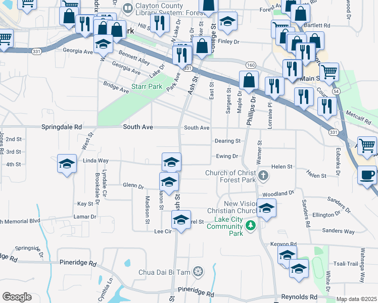 map of restaurants, bars, coffee shops, grocery stores, and more near 5160 Ash Street in Forest Park