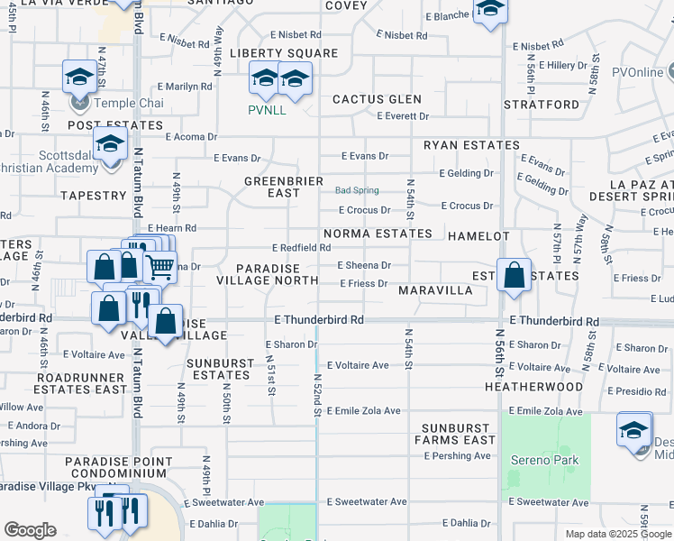 map of restaurants, bars, coffee shops, grocery stores, and more near 5201 East Sheena Drive in Scottsdale