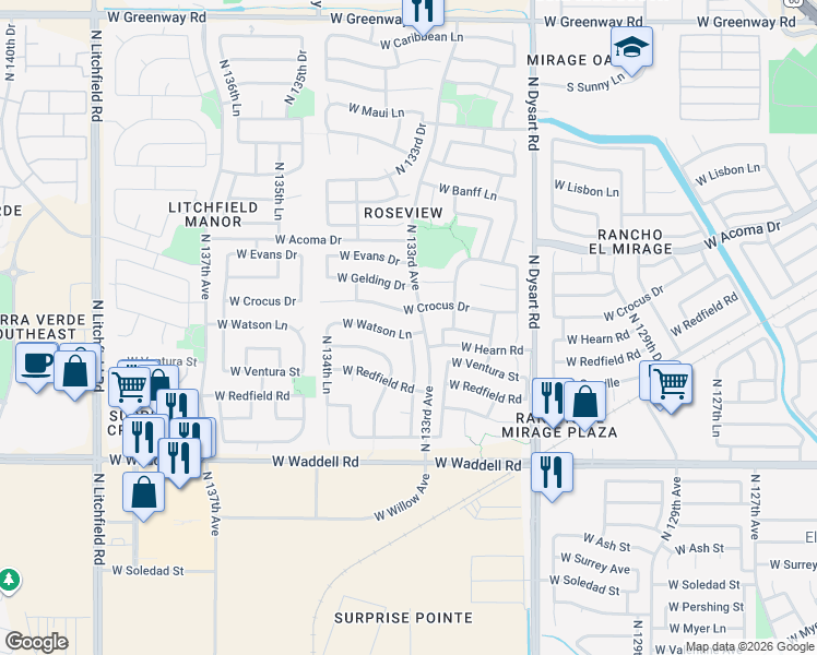map of restaurants, bars, coffee shops, grocery stores, and more near 13326 West Watson Lane in Surprise