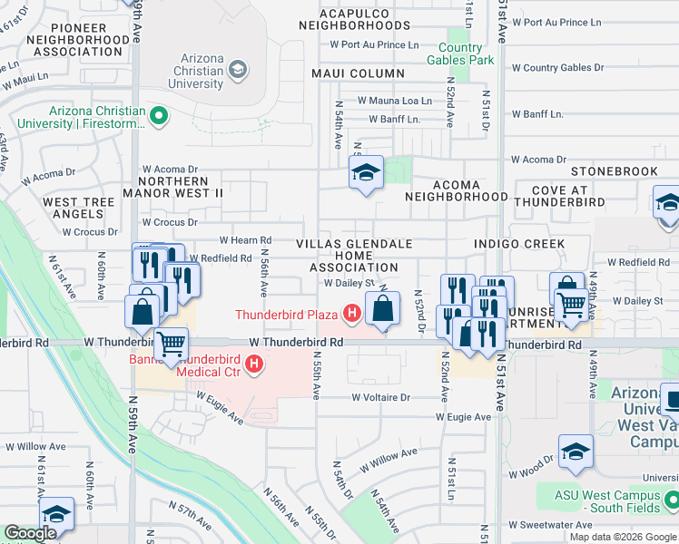 map of restaurants, bars, coffee shops, grocery stores, and more near 14012 North 54th Avenue in Glendale