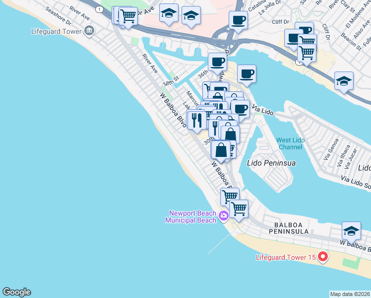 map of restaurants, bars, coffee shops, grocery stores, and more near 3012 West Oceanfront in Newport Beach
