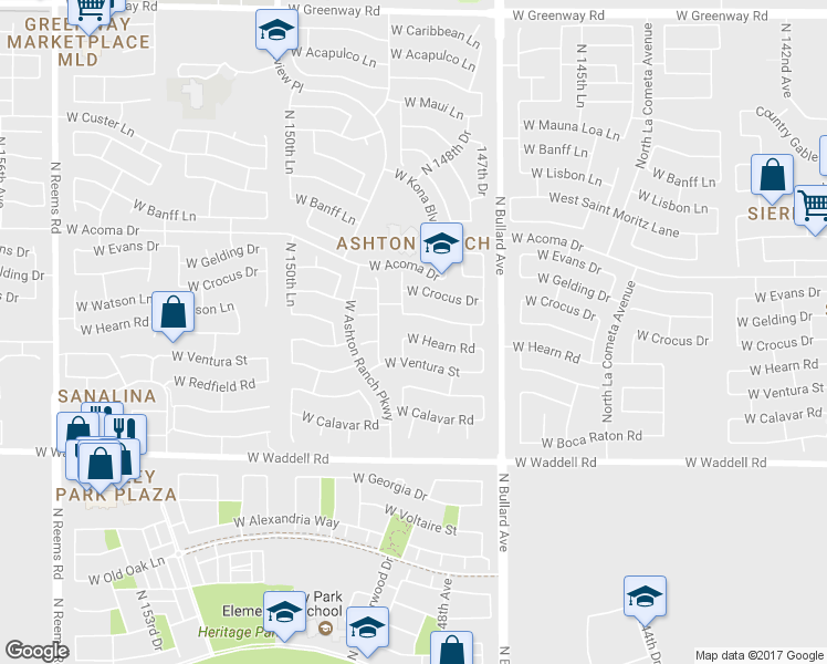map of restaurants, bars, coffee shops, grocery stores, and more near 14870 West Hearn Road in Surprise