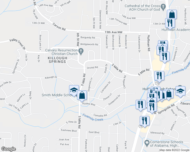 map of restaurants, bars, coffee shops, grocery stores, and more near 1181 Dogwood Lane in Birmingham
