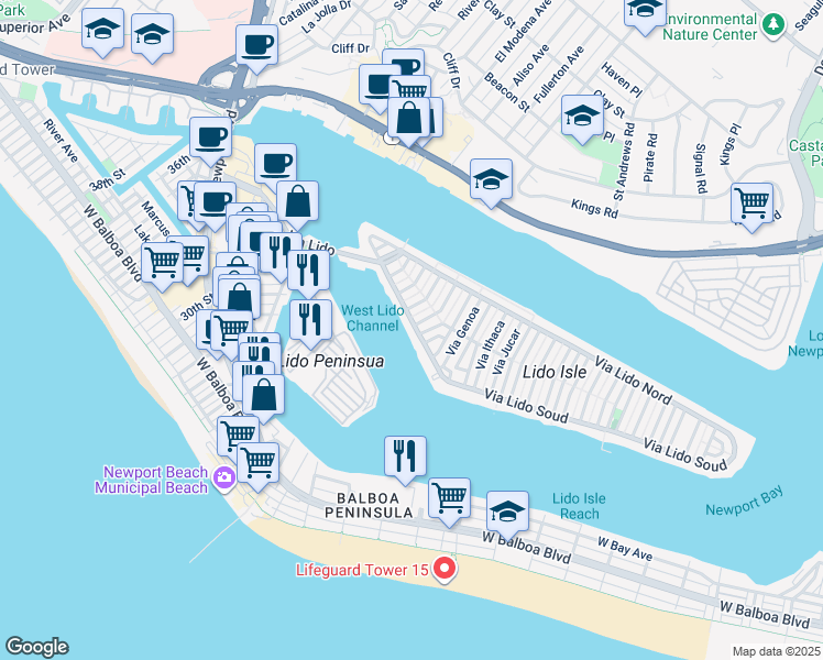 map of restaurants, bars, coffee shops, grocery stores, and more near 323 Via Lido Soud in Newport Beach