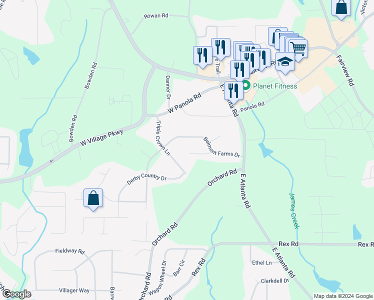 map of restaurants, bars, coffee shops, grocery stores, and more near 70 Belmont Park Lane in Ellenwood