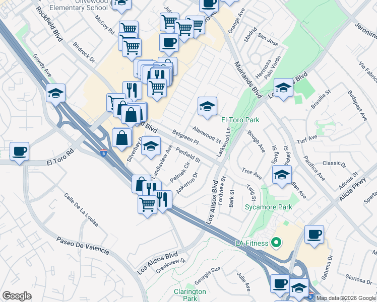 map of restaurants, bars, coffee shops, grocery stores, and more near 24661 Penfield Street in Lake Forest