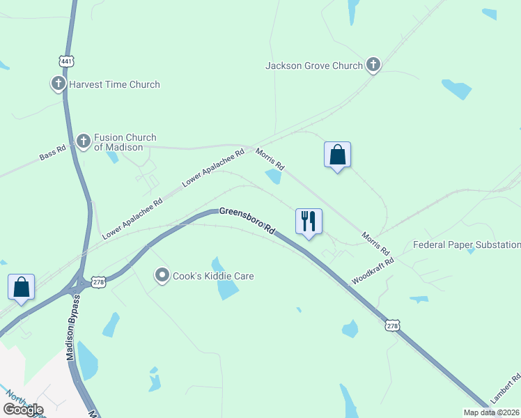map of restaurants, bars, coffee shops, grocery stores, and more near 1200-1498 Greensboro Road in Madison