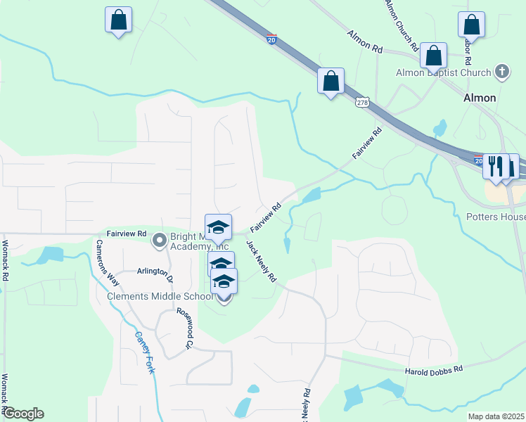 map of restaurants, bars, coffee shops, grocery stores, and more near 15 Fairclift Drive in Covington