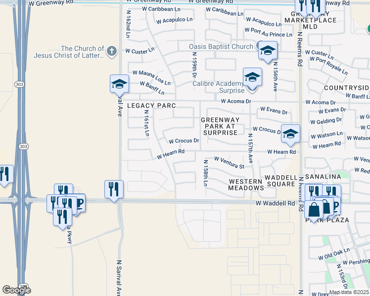map of restaurants, bars, coffee shops, grocery stores, and more near 15950 West Hearn Road in Surprise