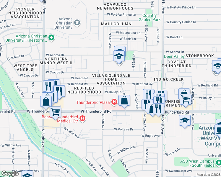 map of restaurants, bars, coffee shops, grocery stores, and more near 14012 North 54th Avenue in Glendale